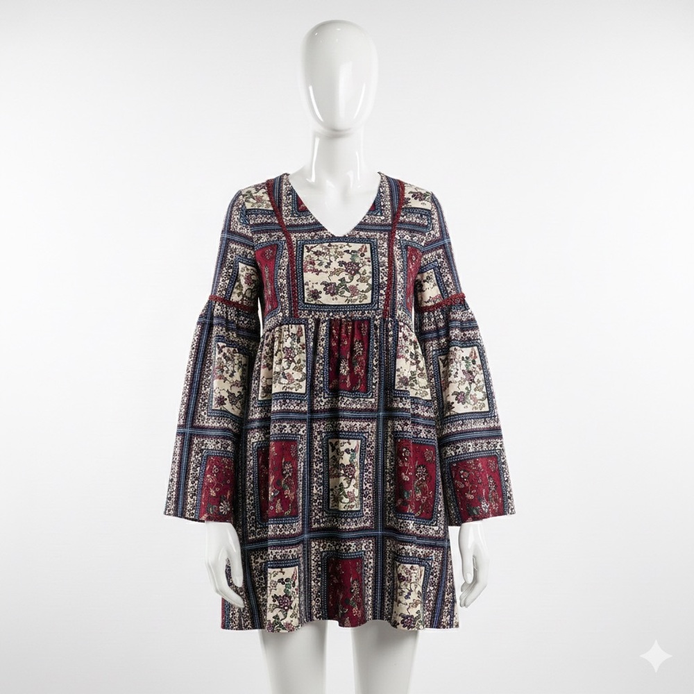 Altar'd State Patchwork Long Sleeve Dress - Red and Blue